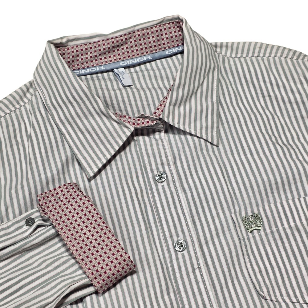 Cinch Stripe Western Shirt Men XXL Extra Extra Large Long Sleeve Gray White Pink